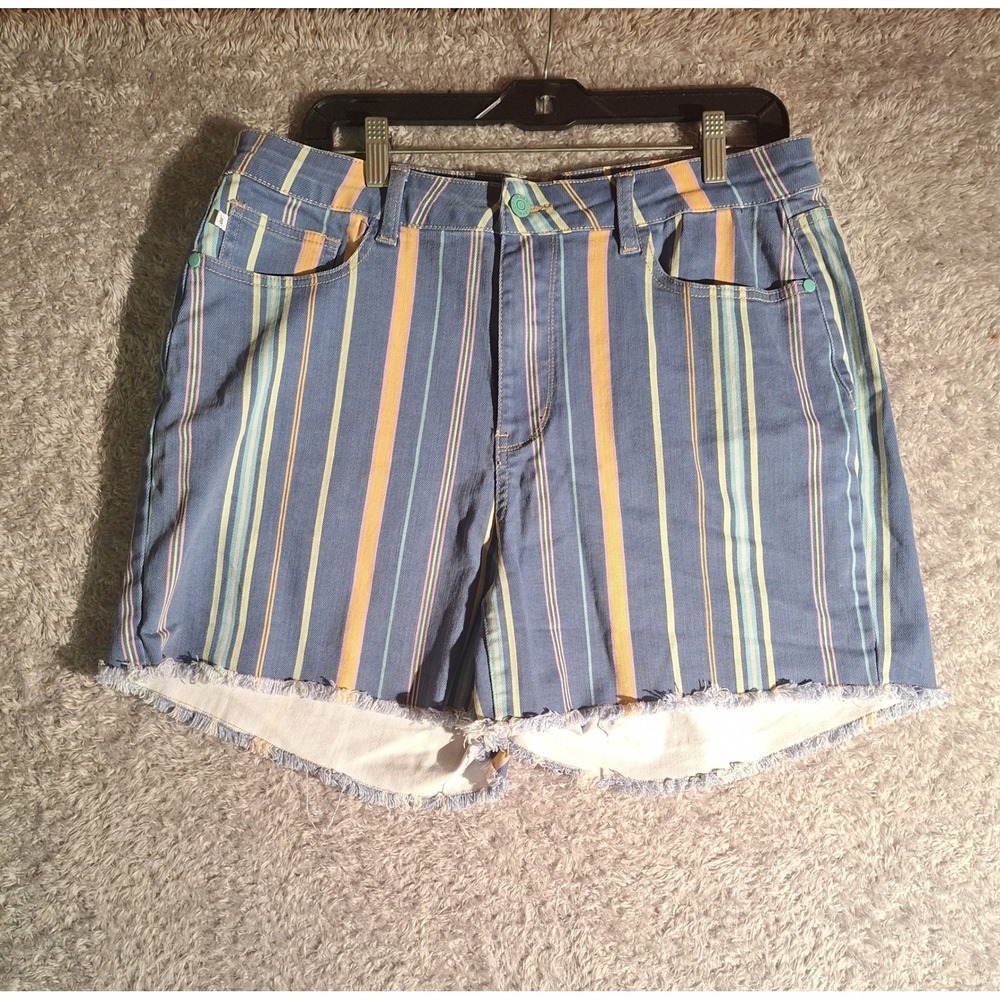Judy Blue Striped Denim Shorts 2XL Blue Yellow High Rise Raw Hem JB150190 P Boho